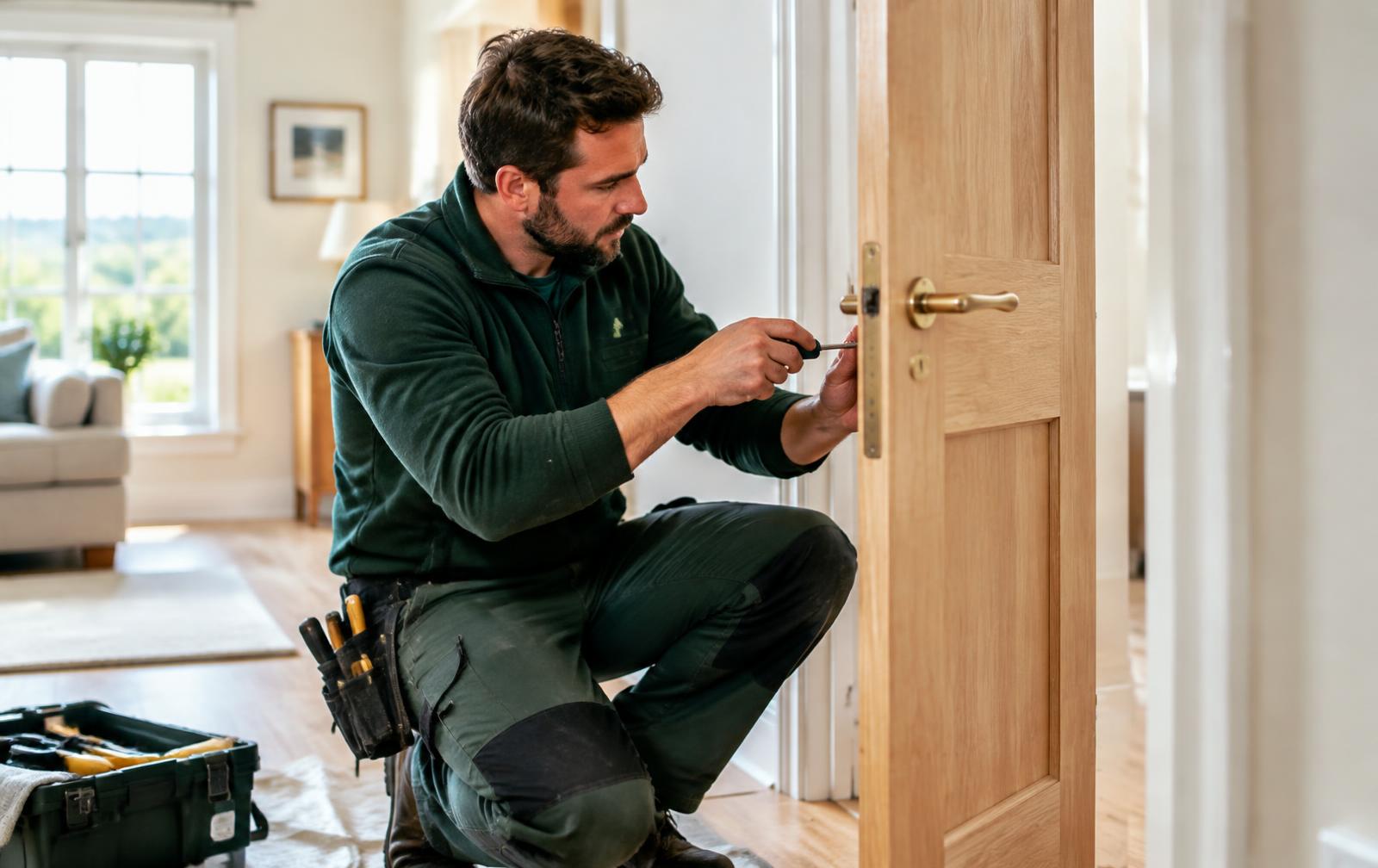 Oakridge carpenter fitting a timber door and lock
