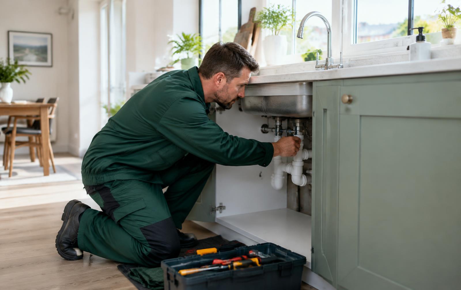 Oakridge plumber repairing pipework beneath a kitchen sink